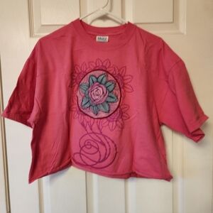 Upcycled Cropped Tee with 3D Floral Appliqué | Heavyweight Cotton | XL